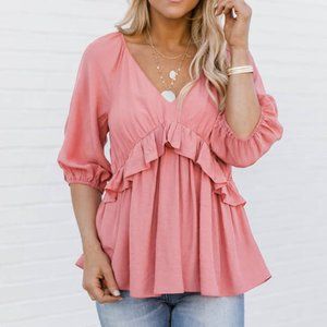 Pink Ruffled Half Sleeve V Neck Babydoll Top
